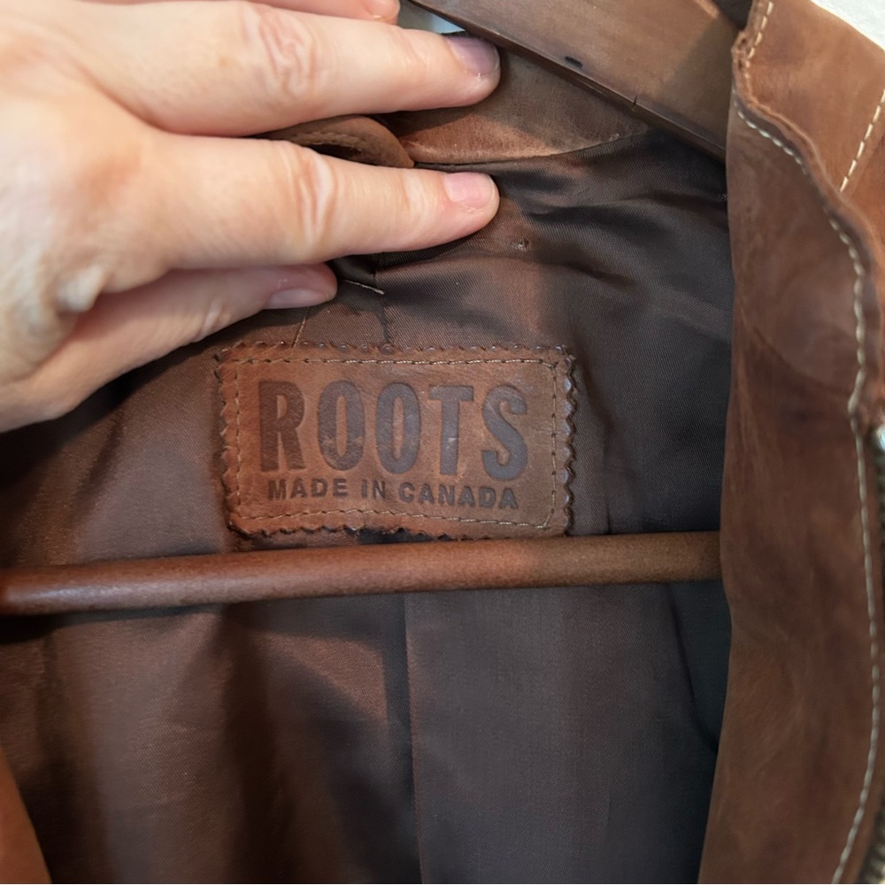 Roots Tan Brown Nubuck Leather Moto Jacket Tab Collar Zip Up - Sz 6 - Picture 6 of 16